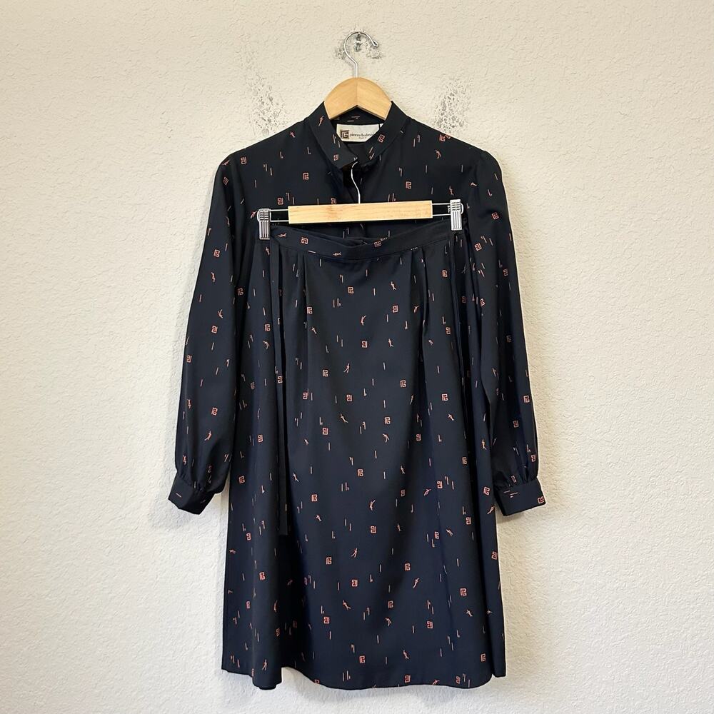 VTG PIERRE BALMAIN PARIS Blouse Skirt Set Black Allover Print Preppy